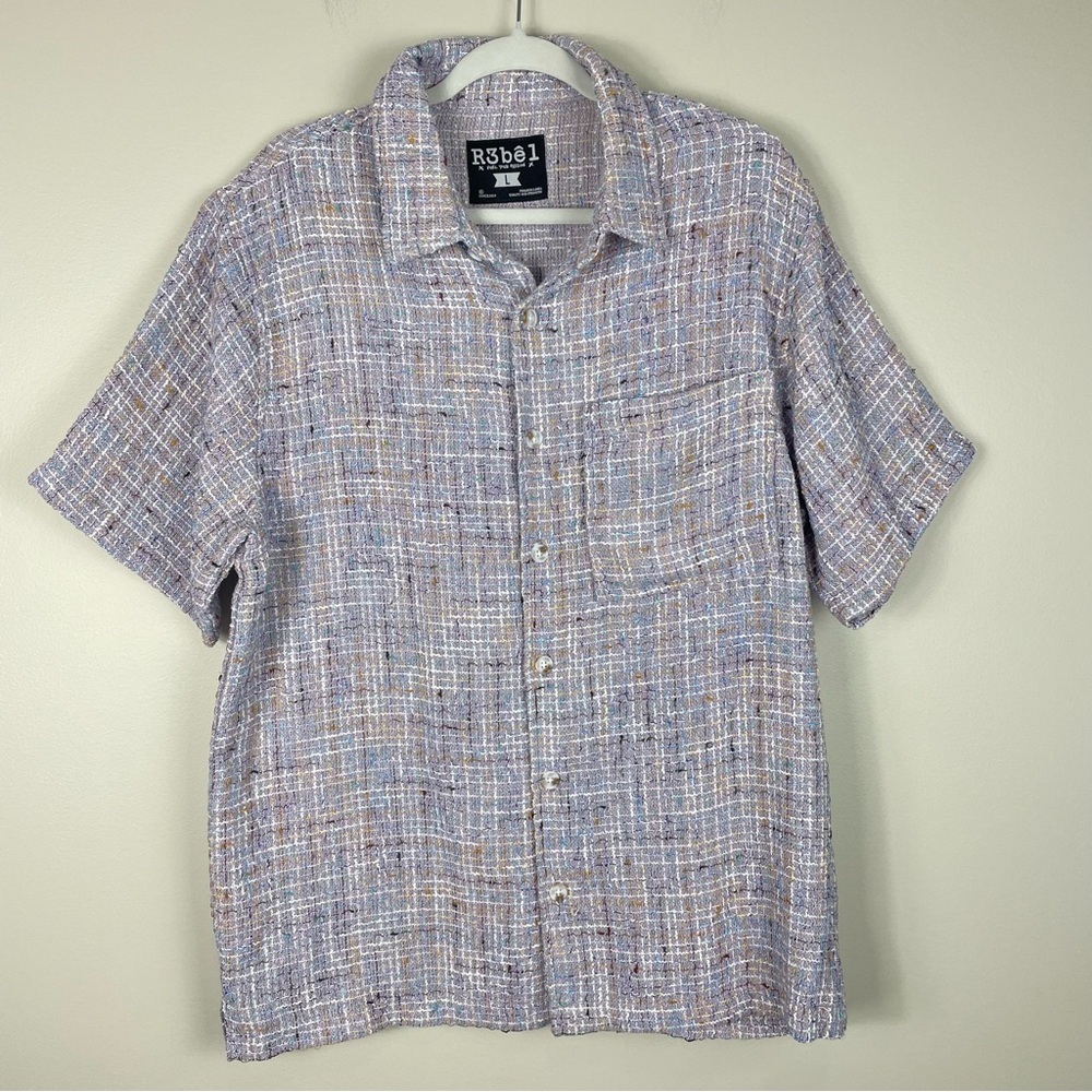 R3bel Button Down Mens Large Short Sleeve Urban Shirt Top Knit Casual Purple